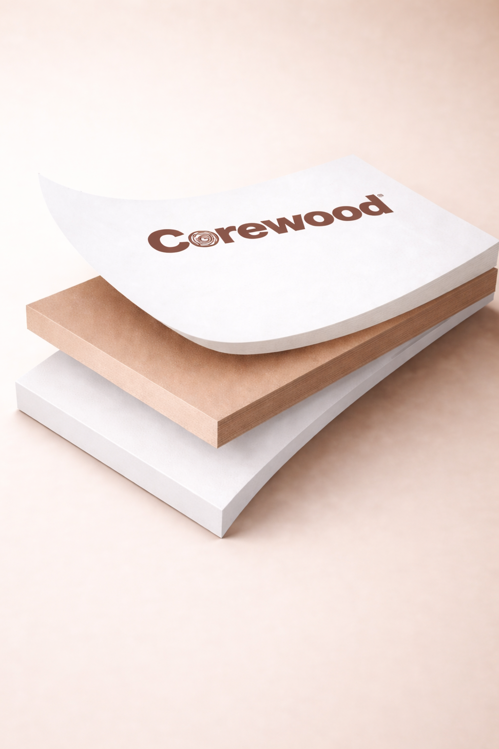 Corewood 3-layer boards with reinforced core and high-density surfaces for high-load furniture and architectural applications.